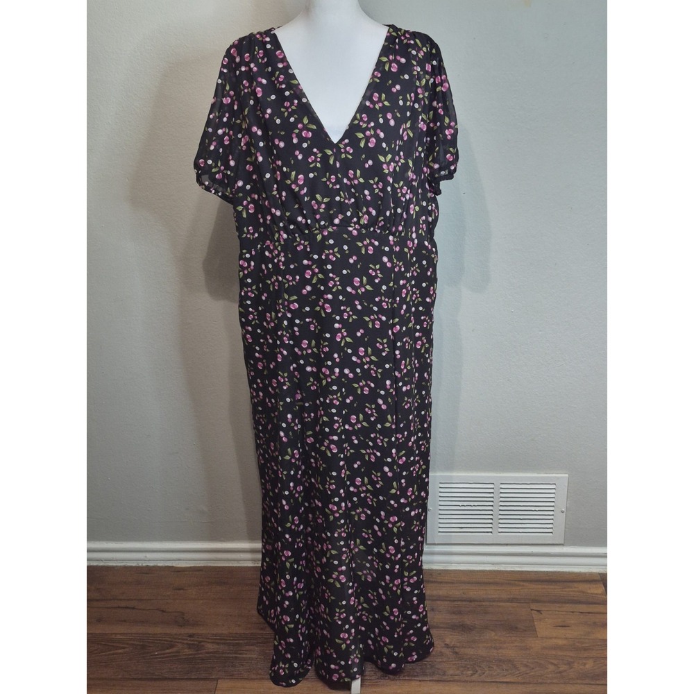 Betsey Johnson Size 16 Fruit Print Maxi Dress Lined Modest Feminine V Neck Boho - Picture 2 of 8